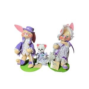 Lot Of 3 Vintage Annalee Easter Artist Rabbit Dolls Hats Umbrella Purple Gingham